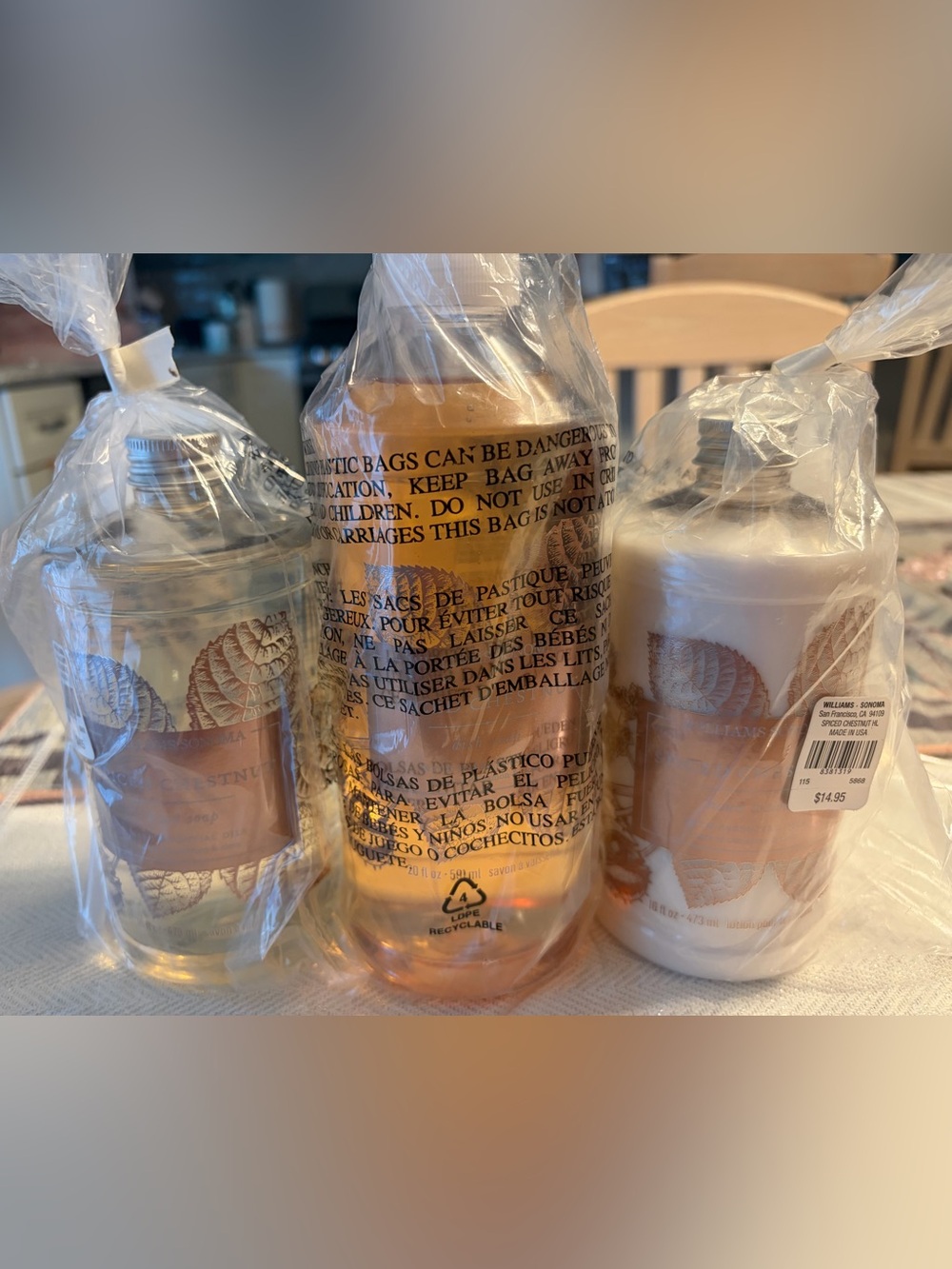NWT Williams Sonoma Spiced Chestnut 3 piece set (dish soap, hand soap & lotion)